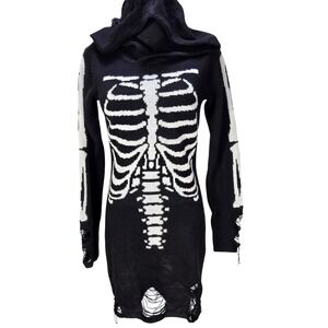 Women's Hot Topic S/M Skeleton Distressed Hooded Sweater Dress Goth Emo